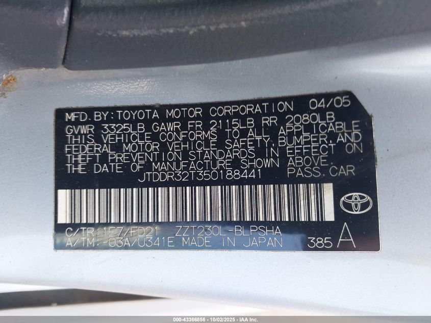 2005 Toyota Celica Gt VIN: JTDDR32T350188441 Lot: 43366856