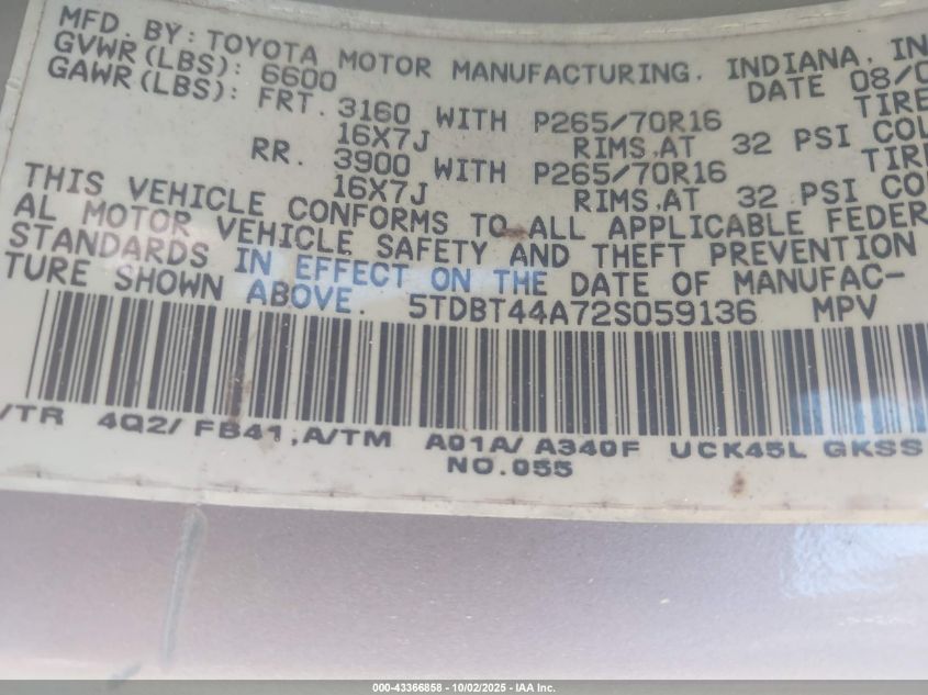 2002 Toyota Sequoia Sr5 V8 VIN: 5TDBT44A72S059136 Lot: 43366858