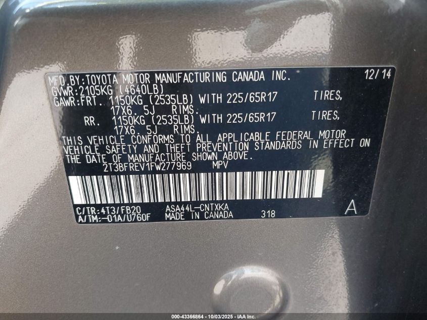 2015 Toyota Rav4 Le VIN: 2T3BFREV1FW277969 Lot: 43366864