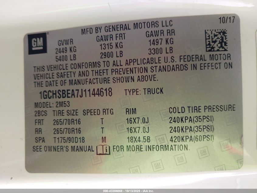 2018 Chevrolet Colorado Wt VIN: 1GCHSBEA7J1144618 Lot: 43366868