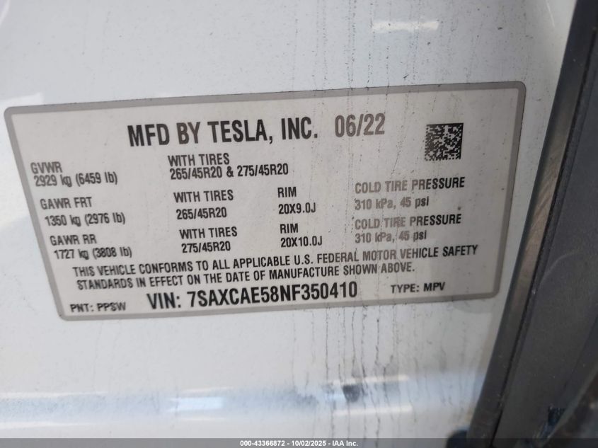 2022 Tesla Model X Dual Motor All-Wheel Drive VIN: 7SAXCAE58NF350410 Lot: 43366872