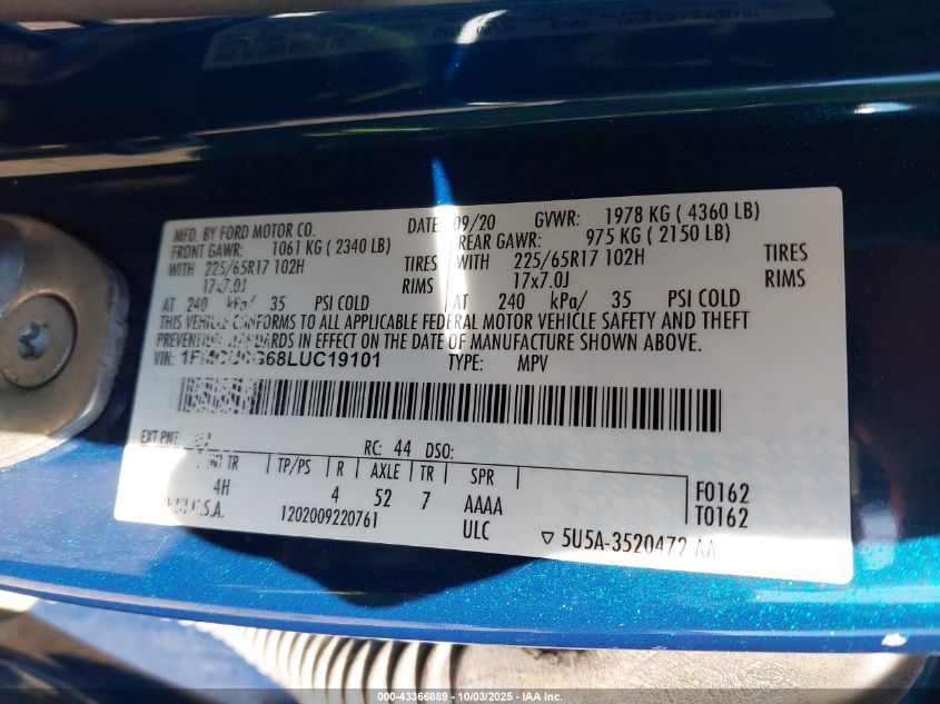 2020 Ford Escape Se VIN: 1FMCU0G68LUC19101 Lot: 43366889