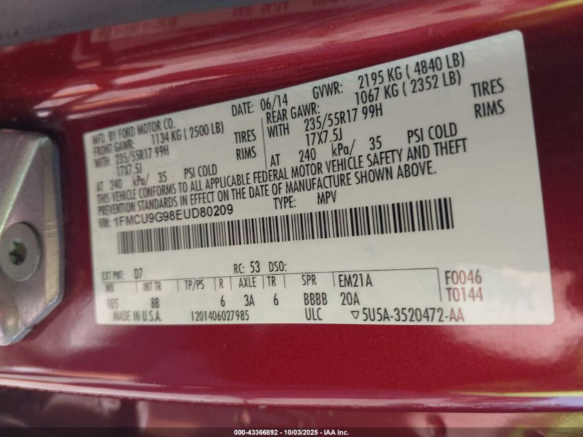 2014 Ford Escape Se VIN: 1FMCU9G98EUD80209 Lot: 43366892