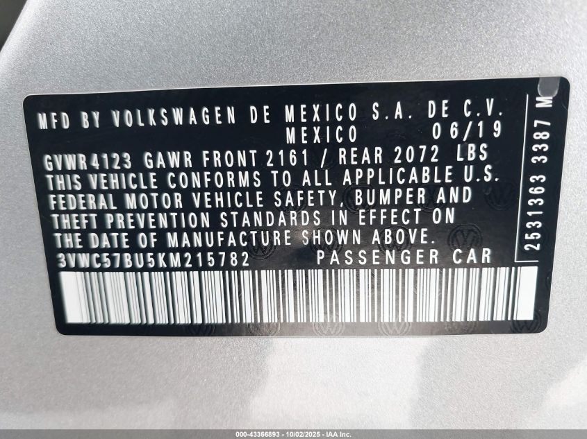 2019 Volkswagen Jetta 1.4T R-Line/1.4T S/1.4T Se VIN: 3VWC57BU5KM215782 Lot: 43366893