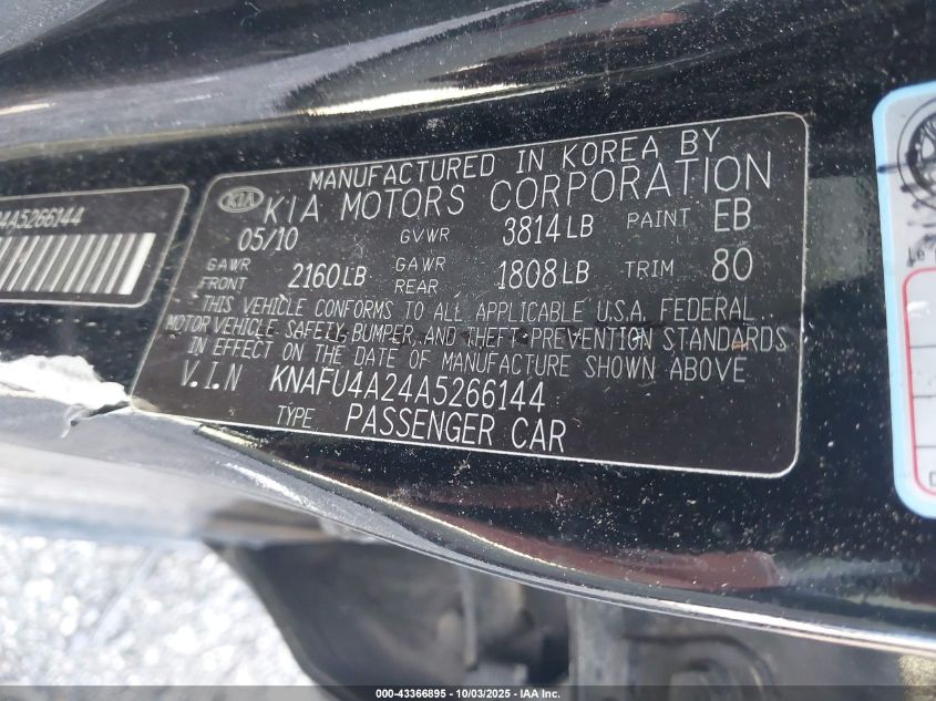 2010 Kia Forte Ex VIN: KNAFU4A24A5266144 Lot: 43366895