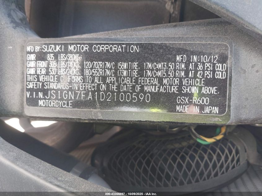 2013 Suzuki Gsx-R600 VIN: JS1GN7FA1D2100590 Lot: 43366897