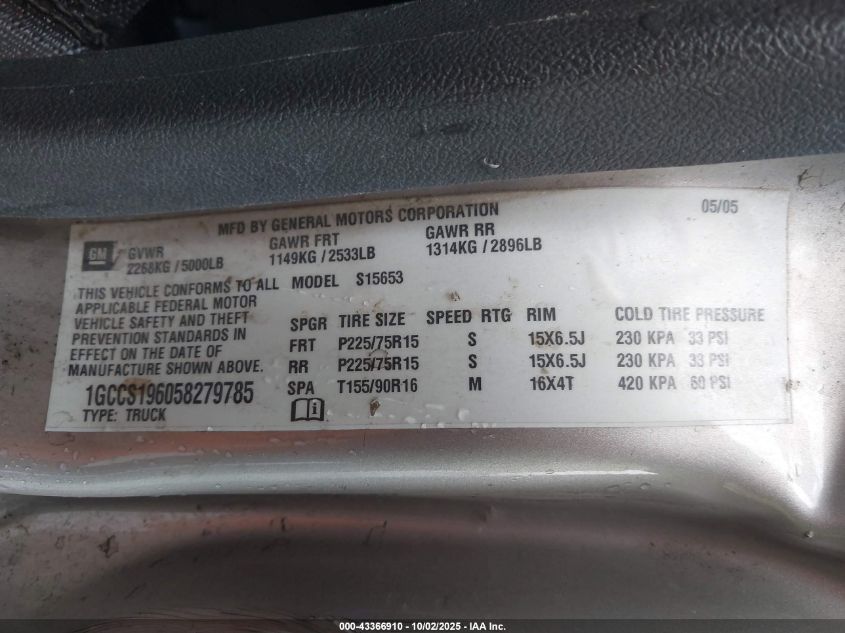 2005 Chevrolet Colorado Ls VIN: 1GCCS196058279785 Lot: 43366910