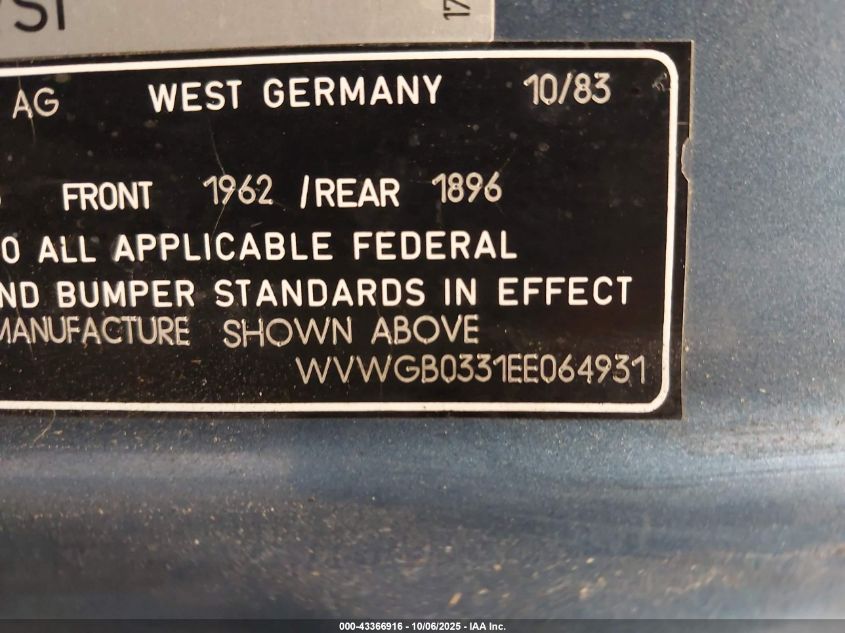 1984 Volkswagen Quantum Gl Deluxe VIN: WVWGB0331EE064931 Lot: 43366916