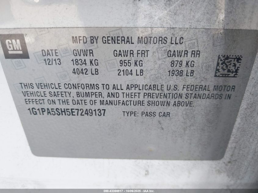 2014 Chevrolet Cruze Ls Auto VIN: 1G1PA5SH5E7249137 Lot: 43366917