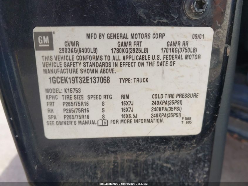 2002 Chevrolet Silverado 1500 Lt VIN: 1GCEK19T32E137068 Lot: 43366922