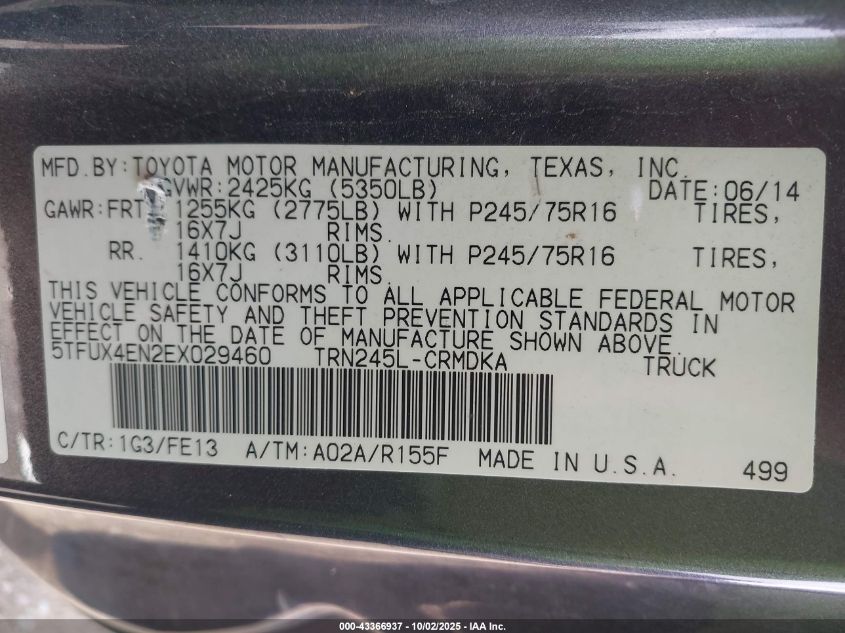 2014 Toyota Tacoma VIN: 5TFUX4EN2EX029460 Lot: 43366937