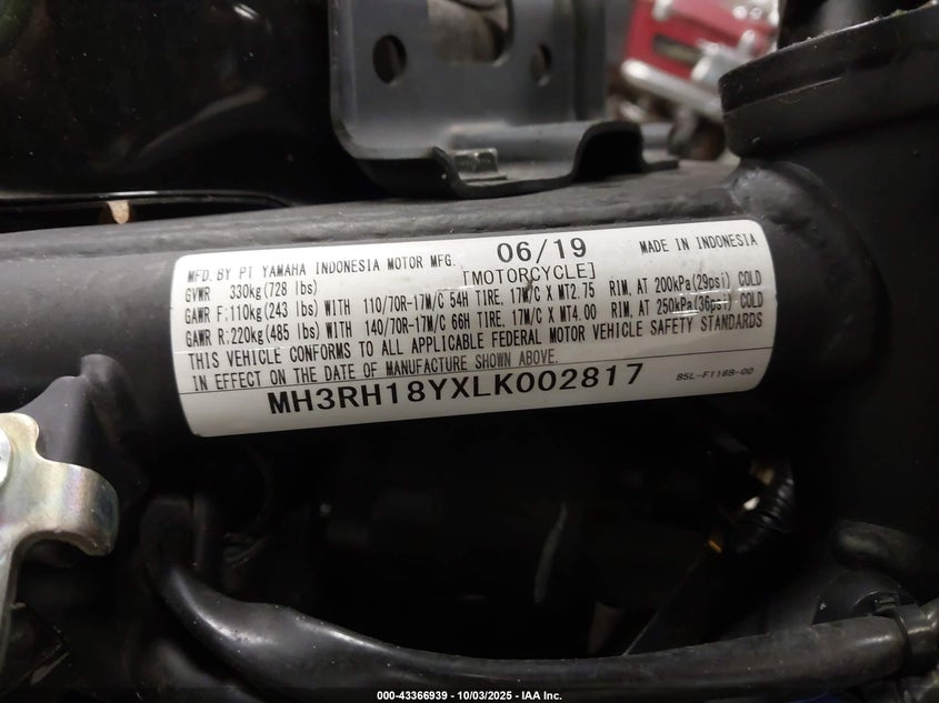 2020 Yamaha Yzfr3 A VIN: MH3RH18YXLK002817 Lot: 43366939