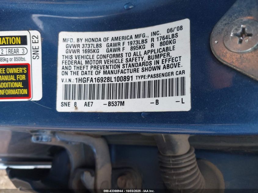 2008 Honda Civic Ex-L VIN: 1HGFA16928L100891 Lot: 43366944