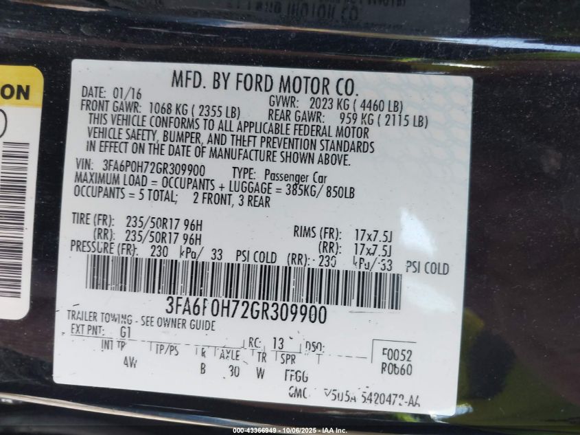 2016 Ford Fusion Se VIN: 3FA6P0H72GR309900 Lot: 43366949