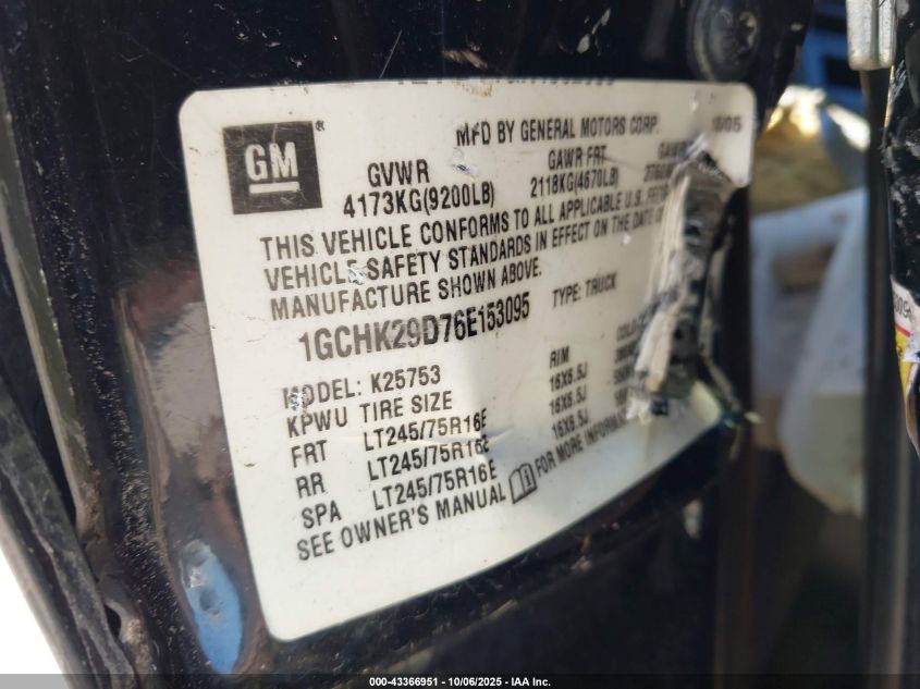 2006 Chevrolet Silverado 2500Hd Lt3 VIN: 1GCHK29D76E153095 Lot: 43366951