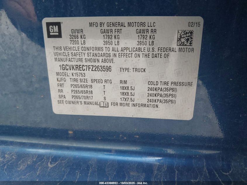 2015 Chevrolet Silverado 1500 1Lt VIN: 1GCVKREC7FZ263596 Lot: 43366953