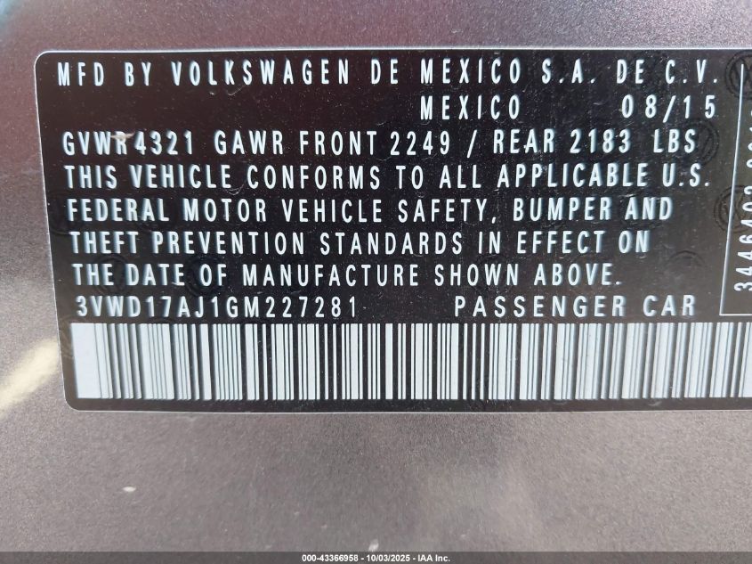 2016 Volkswagen Jetta 1.8T Sport VIN: 3VWD17AJ1GM227281 Lot: 43366958