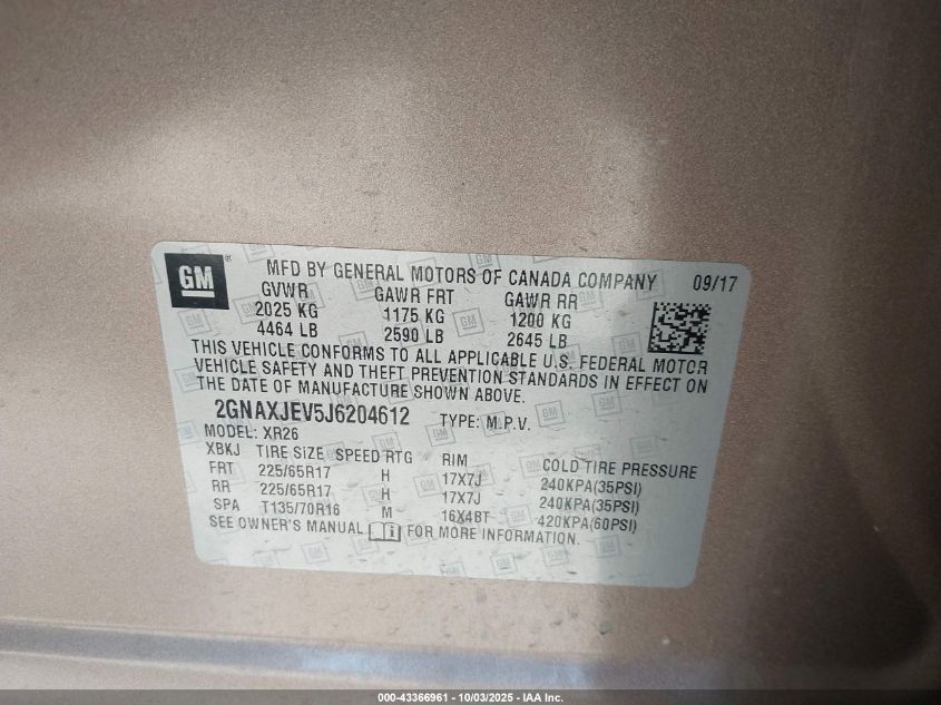 2018 Chevrolet Equinox Lt VIN: 2GNAXJEV5J6204612 Lot: 43366961