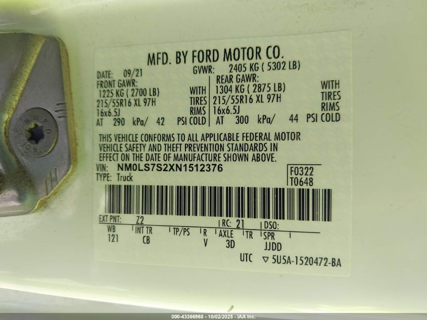 2022 Ford Transit Connect Xl VIN: NM0LS7S2XN1512376 Lot: 43366968