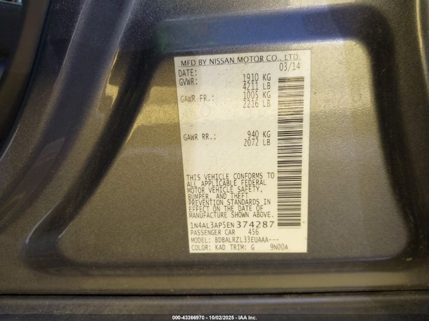 2014 Nissan Altima 2.5/2.5 S/2.5 Sl/2.5 Sv VIN: 1N4AL3AP5EN374287 Lot: 43366970