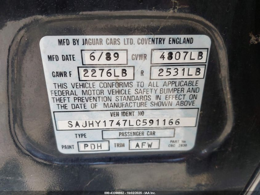 1990 Jaguar Xj6 Sovereign VIN: SAJHY1747LC591166 Lot: 43366982