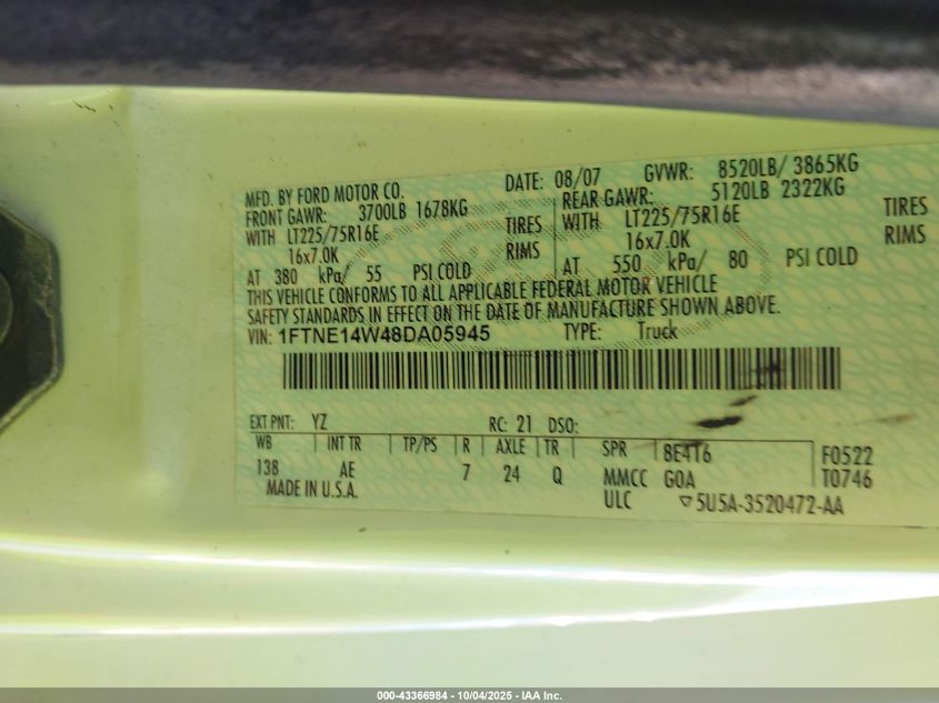 2008 Ford E-150 Commercial/Recreational VIN: 1FTNE14W48DA05945 Lot: 43366984