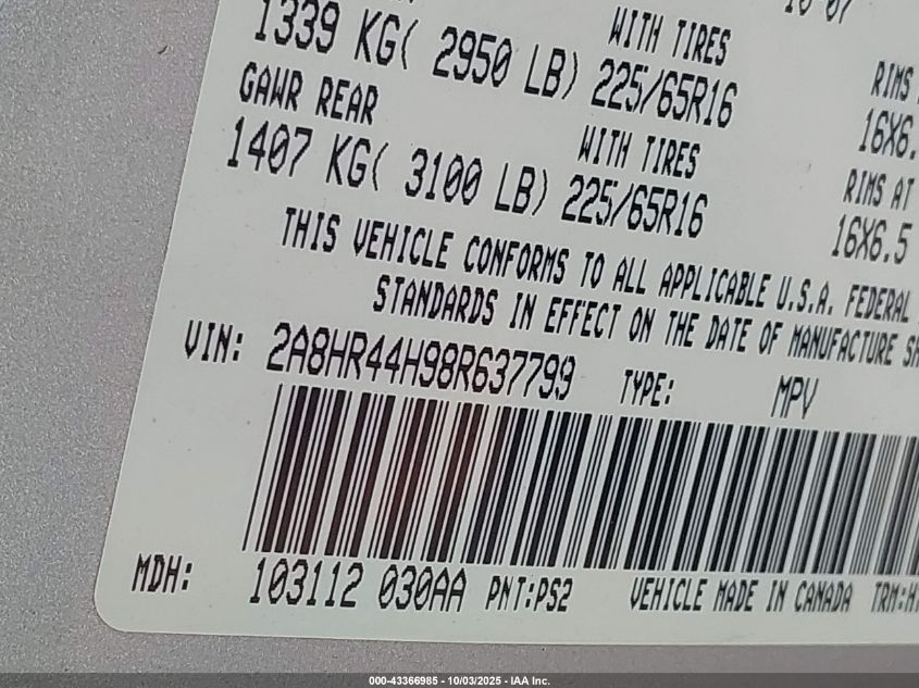 2008 Chrysler Town & Country Lx VIN: 2A8HR44H98R637799 Lot: 43366985