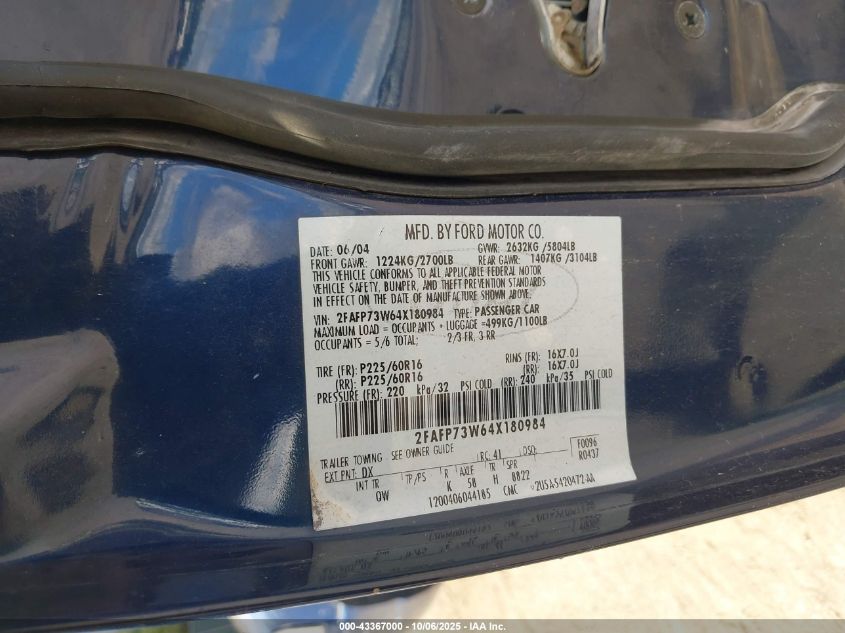 2004 Ford Crown Victoria Standard VIN: 2FAFP73W64X180984 Lot: 43367000