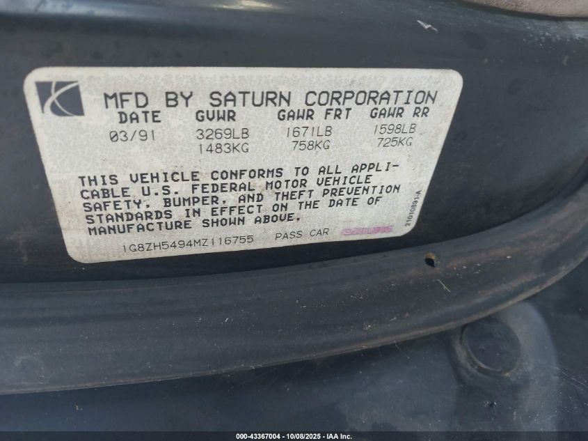 1991 Saturn Sl1 VIN: 1G8ZH5494MZ116755 Lot: 43367004