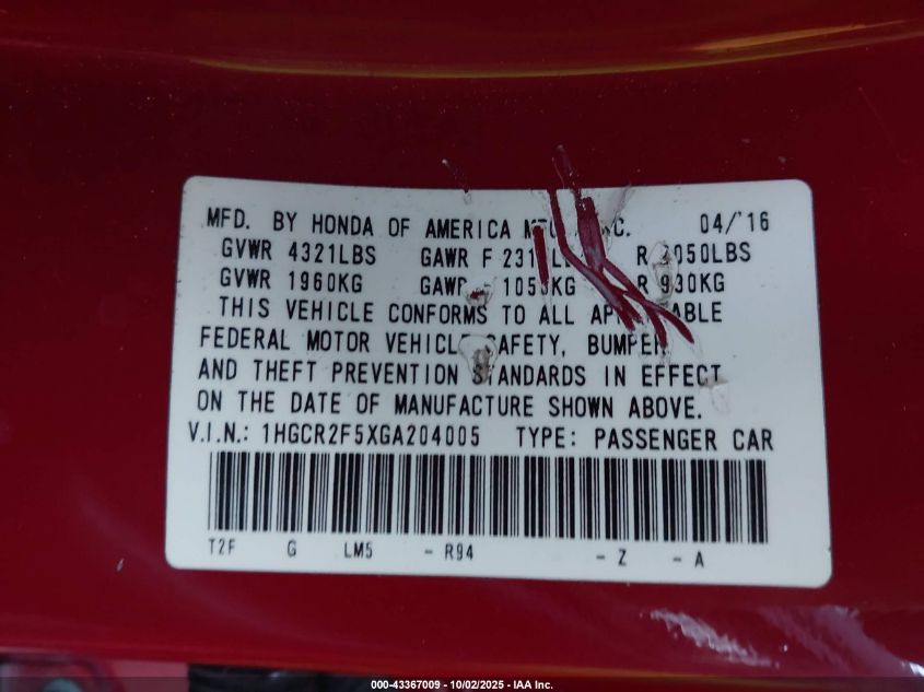 2016 Honda Accord Sport VIN: 1HGCR2F5XGA204005 Lot: 43367009