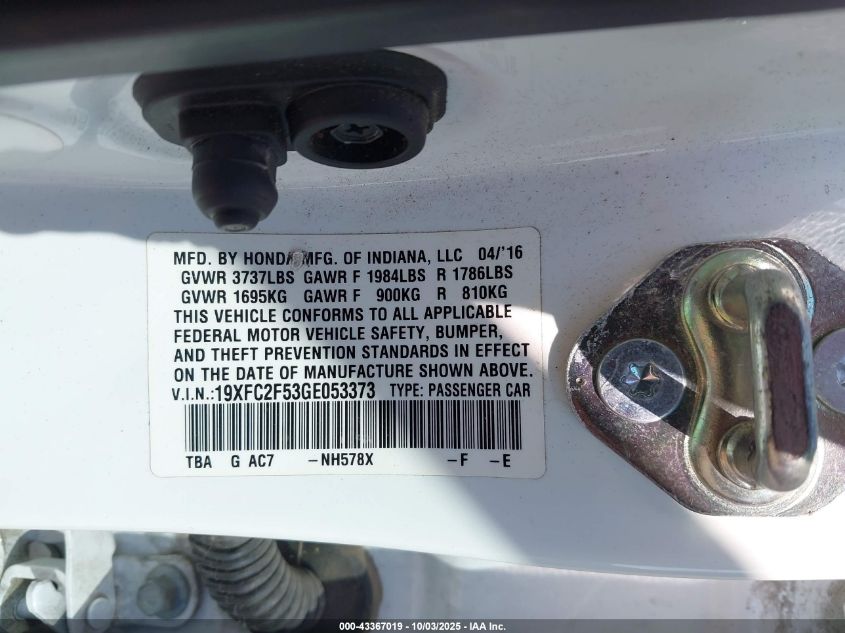 2016 Honda Civic Lx VIN: 19XFC2F53GE053373 Lot: 43367019