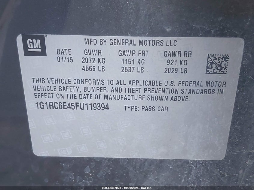 2015 CHEVROLET VOLT 1G1RC6E45FU119394