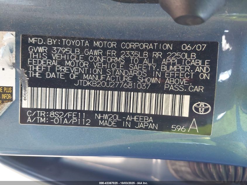 2007 Toyota Prius VIN: JTDKB20U277681037 Lot: 43367025