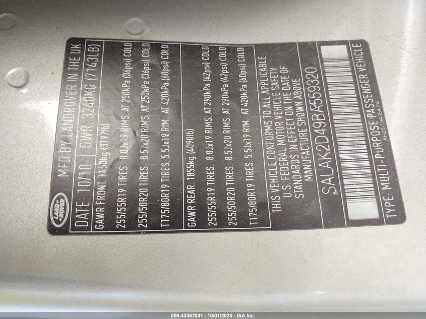 SALAK2D49BA559320 2011 LAND ROVER LR4 photo no. 9