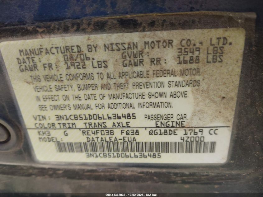 2006 Nissan Sentra 1.8S VIN: 3N1CB51D06L636485 Lot: 43367033