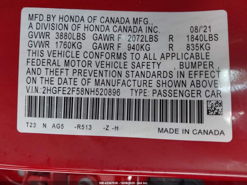 2022 Honda Civic Sport VIN: 2HGFE2F58NH520896 Lot: 43367036