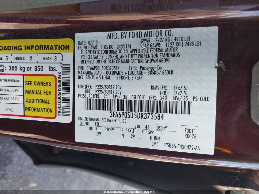 2013 Ford Fusion Energi Titanium VIN: 3FA6P0SU5DR373584 Lot: 43367037