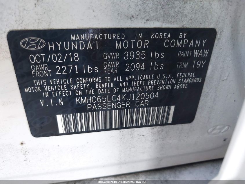 2019 Hyundai Ioniq Hybrid Blue VIN: KMHC65LC4KU120504 Lot: 43367043