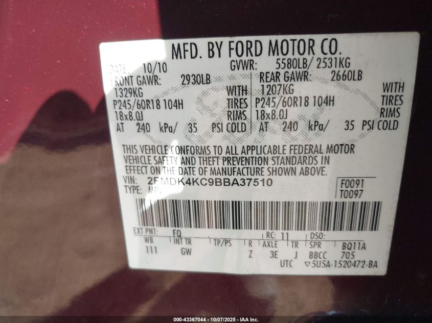 2011 Ford Edge Limited VIN: 2FMDK4KC9BBA37510 Lot: 43367044