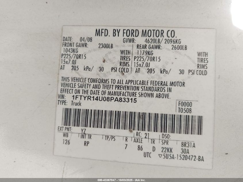 2008 Ford Ranger Sport/Xl/Xlt VIN: 1FTYR14U08PA83315 Lot: 43367047