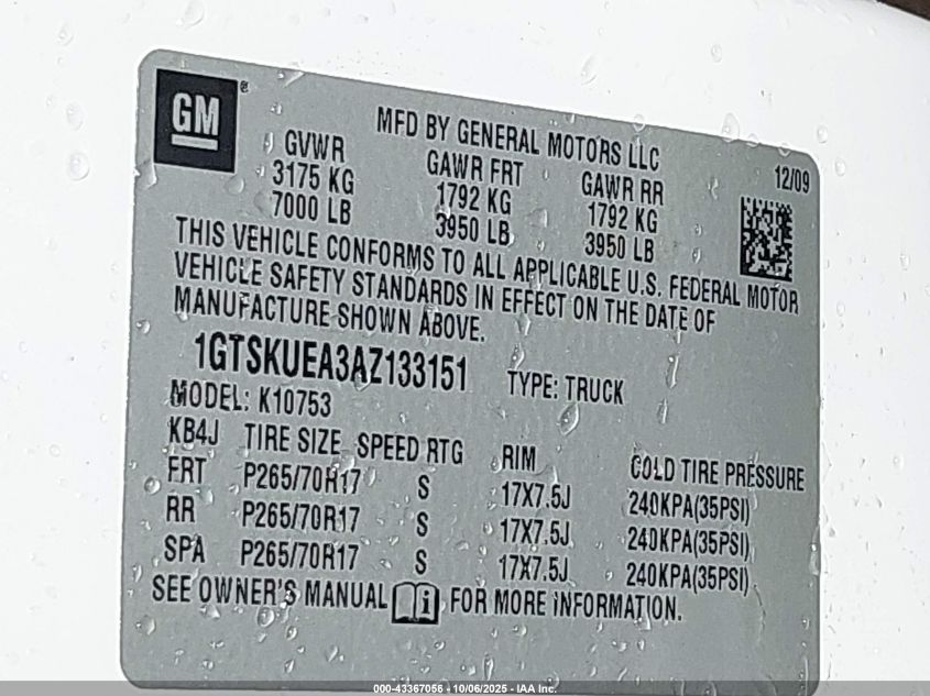 2010 GMC Sierra 1500 Sl VIN: 1GTSKUEA3AZ133151 Lot: 43367056
