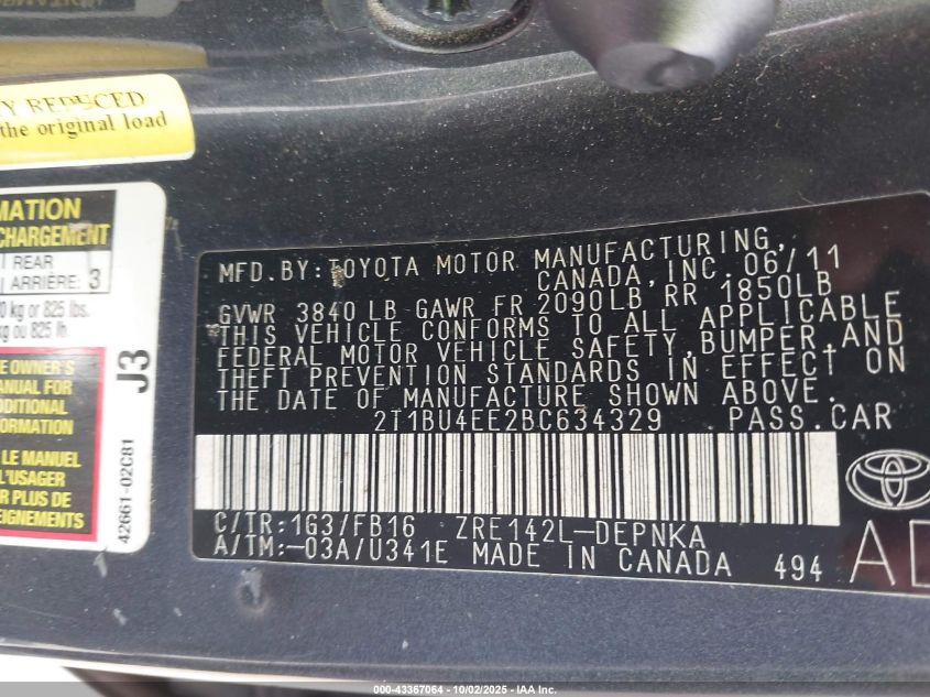 2011 Toyota Corolla Le VIN: 2T1BU4EE2BC634329 Lot: 43367064