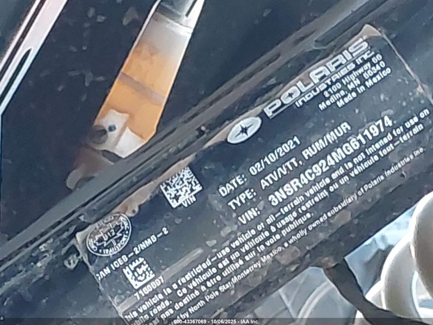 2021 Polaris Rzr Pro Xp 4 Premium VIN: 3NSR4C924MG611974 Lot: 43367069