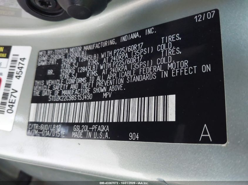 2008 Toyota Sienna Xle VIN: 5TDZK22C98S153490 Lot: 43367072