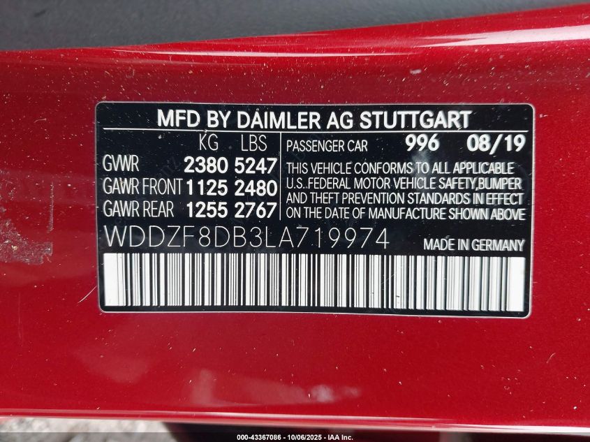 2020 Mercedes-Benz E 350 VIN: WDDZF8DB3LA719974 Lot: 43367086