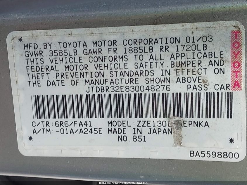 2003 Toyota Corolla Le VIN: JTDBR32E830048276 Lot: 43367094