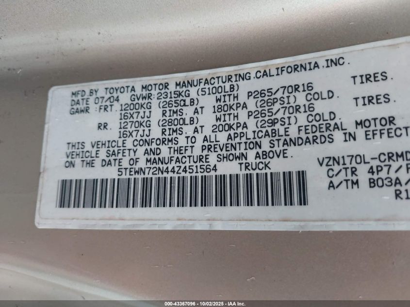 2004 Toyota Tacoma Base V6 VIN: 5TEWN72N44Z451564 Lot: 43367096