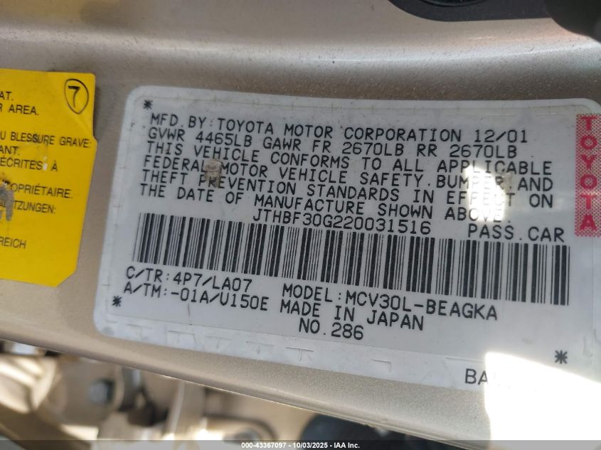 2002 Lexus Es 300 VIN: JTHBF30G220031516 Lot: 43367097