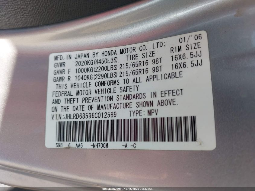 2006 Honda Cr-V Lx VIN: JHLRD68596C012589 Lot: 43367099