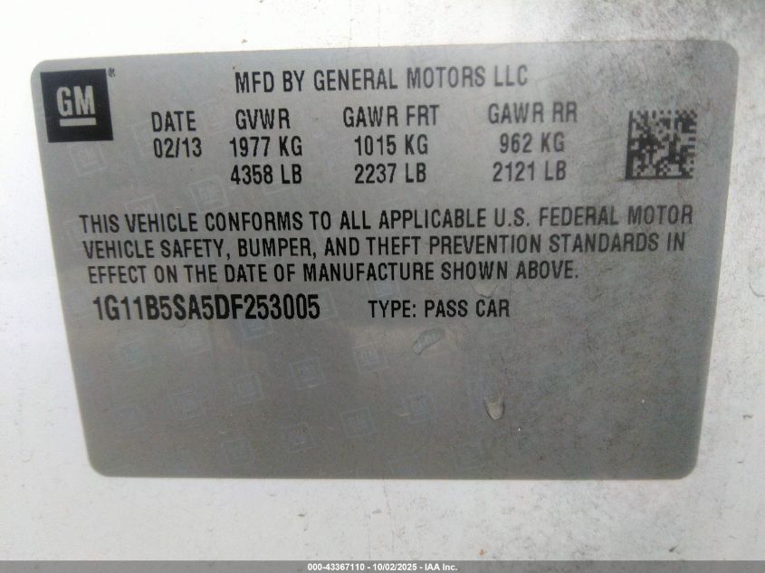 2013 CHEVROLET MALIBU 1LS 1G11B5SA5DF253005